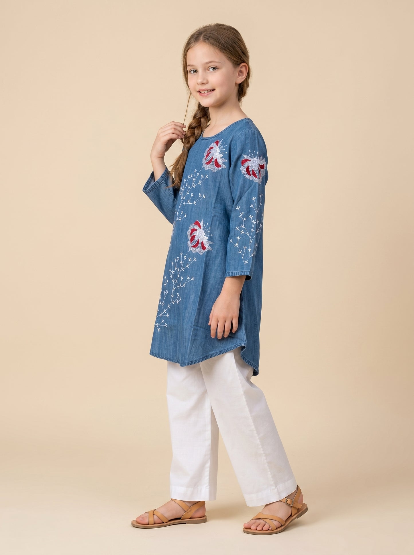 Cotton Embroidery Denim Tunic set 1620 light Blue