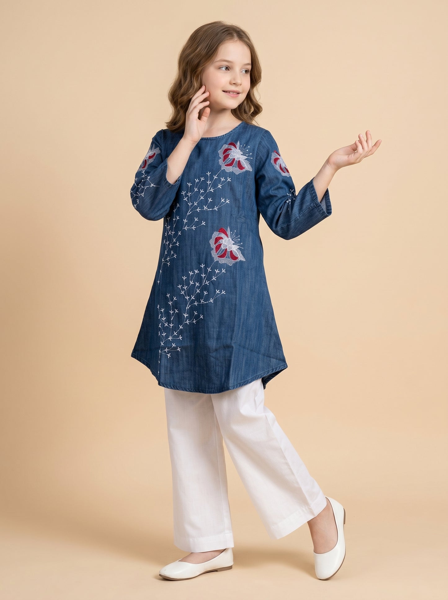 Cotton Embroidery Denim Tunic Set 1621 Dark Blue