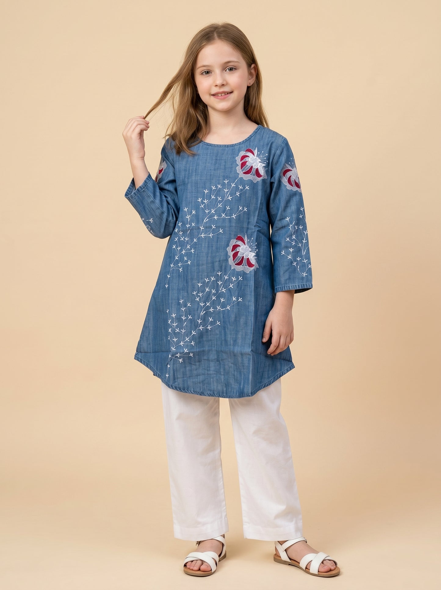Cotton Embroidery Denim Tunic set 1620 light Blue