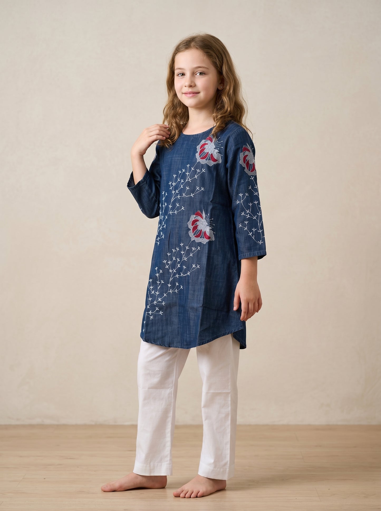 Cotton Embroidery Denim Tunic Set 1621 Dark Blue