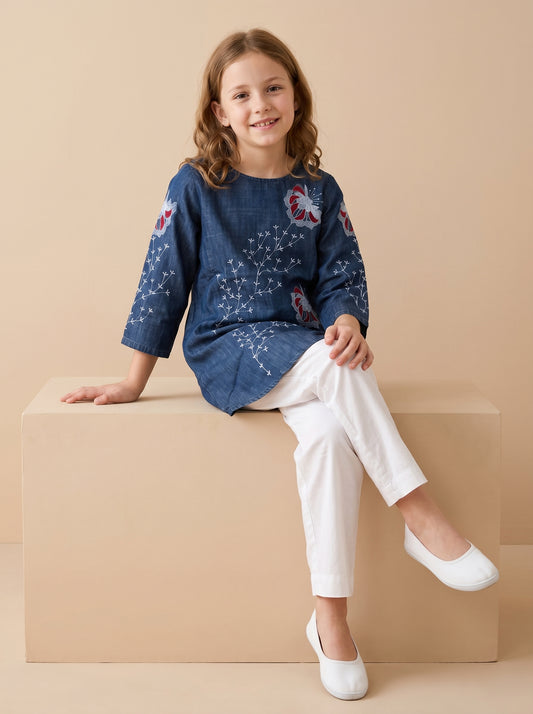 Cotton Embroidery Denim Tunic Set 1621 Dark Blue