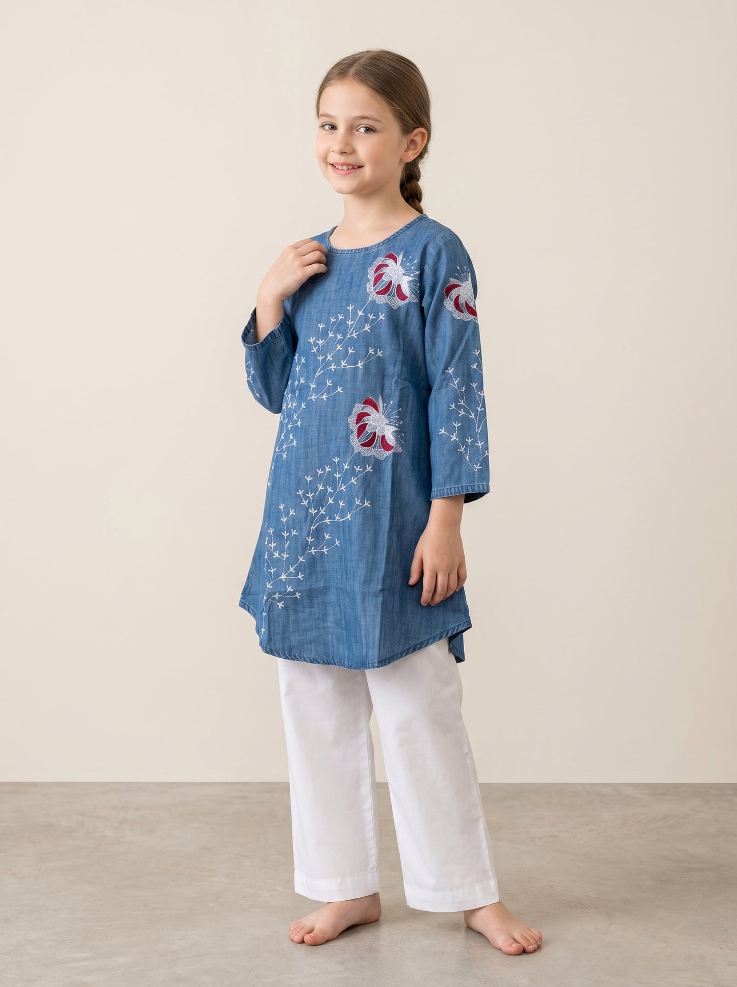 Cotton Embroidery Denim Tunic set 1620 light Blue