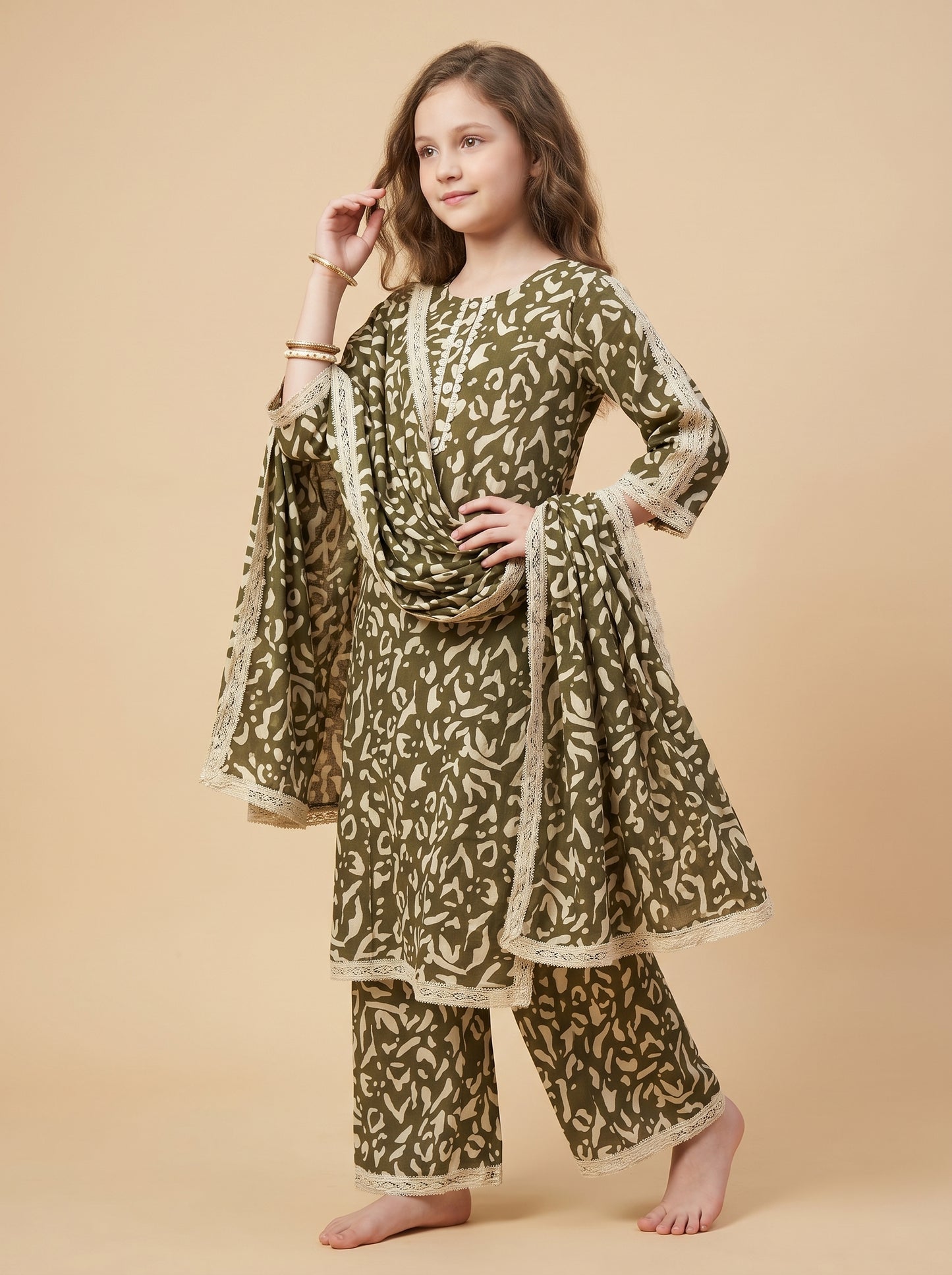 Cotton Printed Lace Work kurti Set 1622 Green