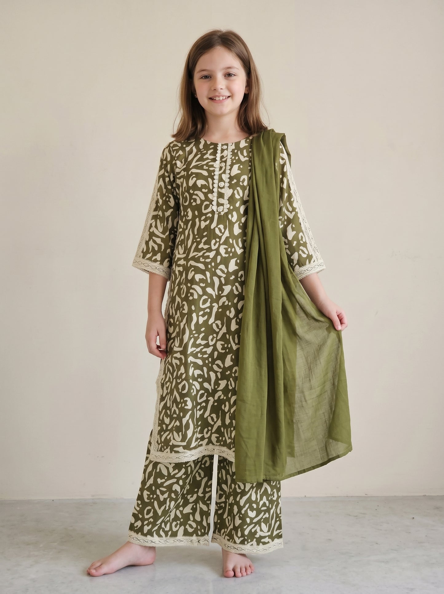 Cotton Printed Lace Work kurti Set 1622 Green