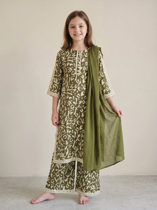 Cotton Printed Lace Work kurti Set 1622 Green