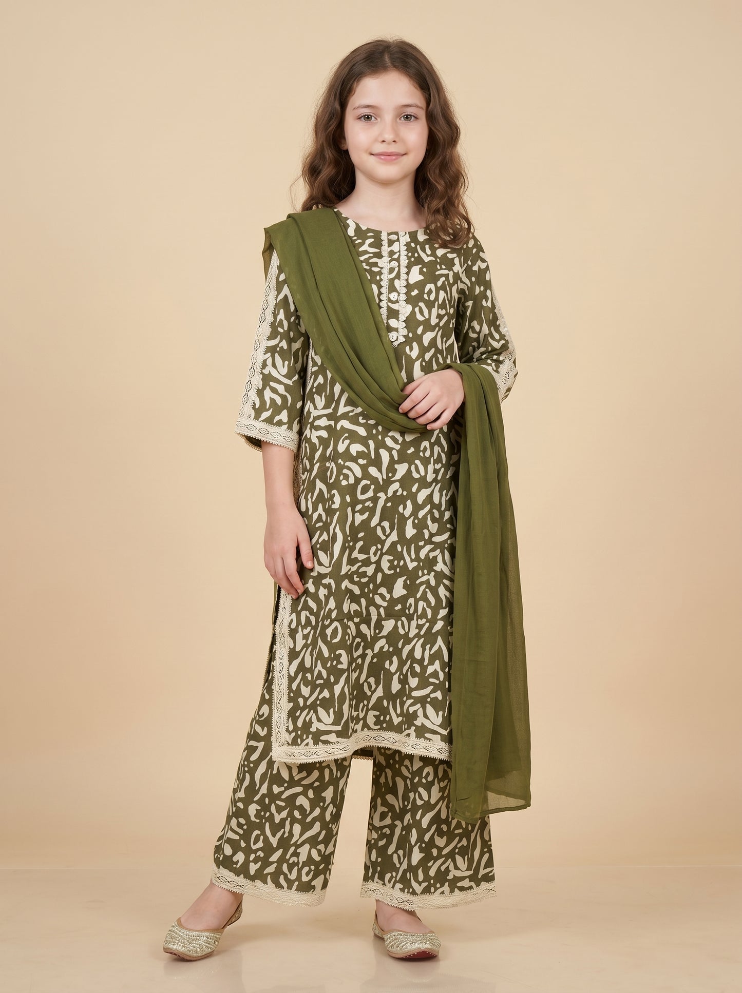 Cotton Printed Lace Work kurti Set 1622 Green