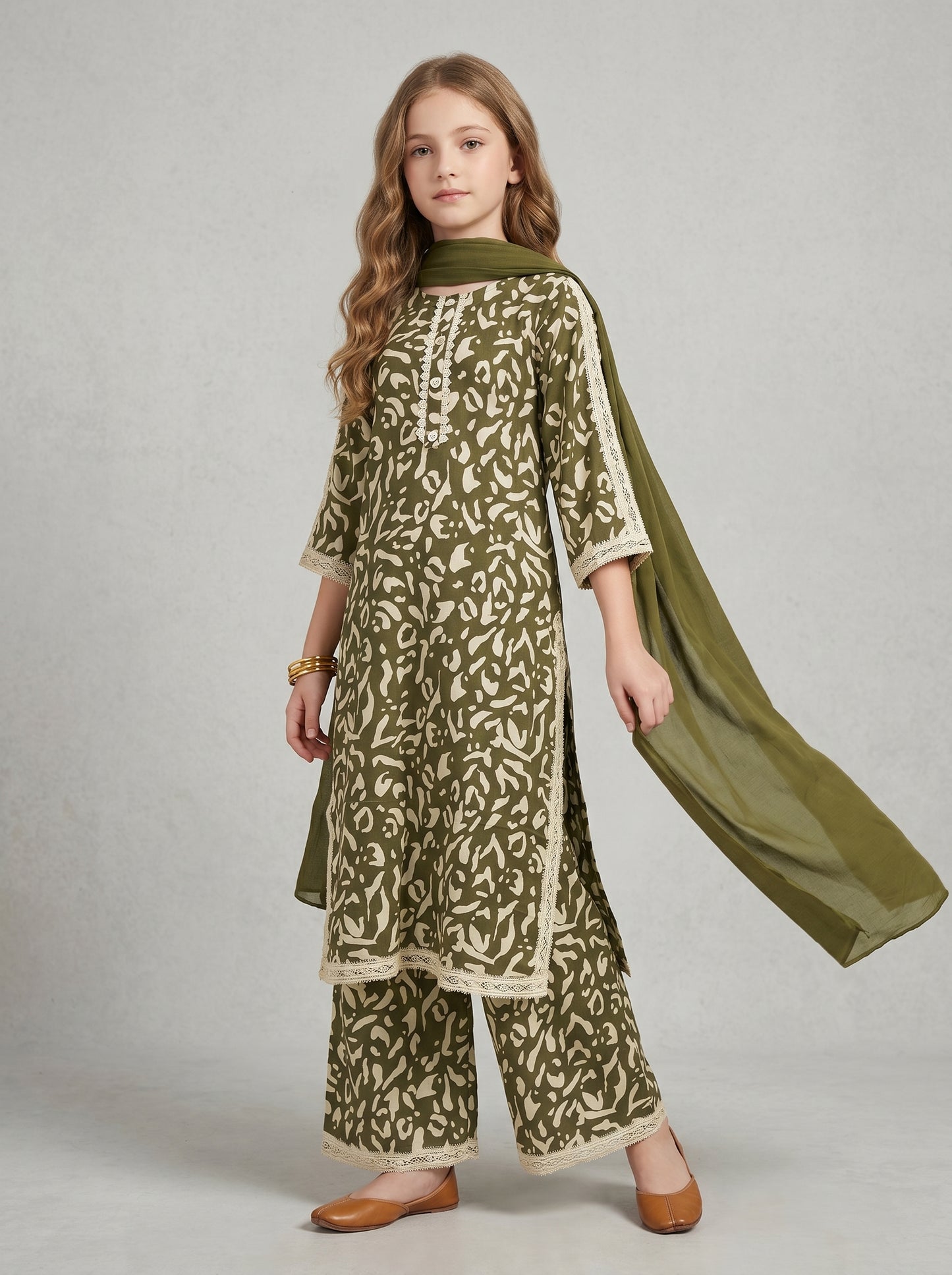 Cotton Printed Lace Work kurti Set 1622 Green