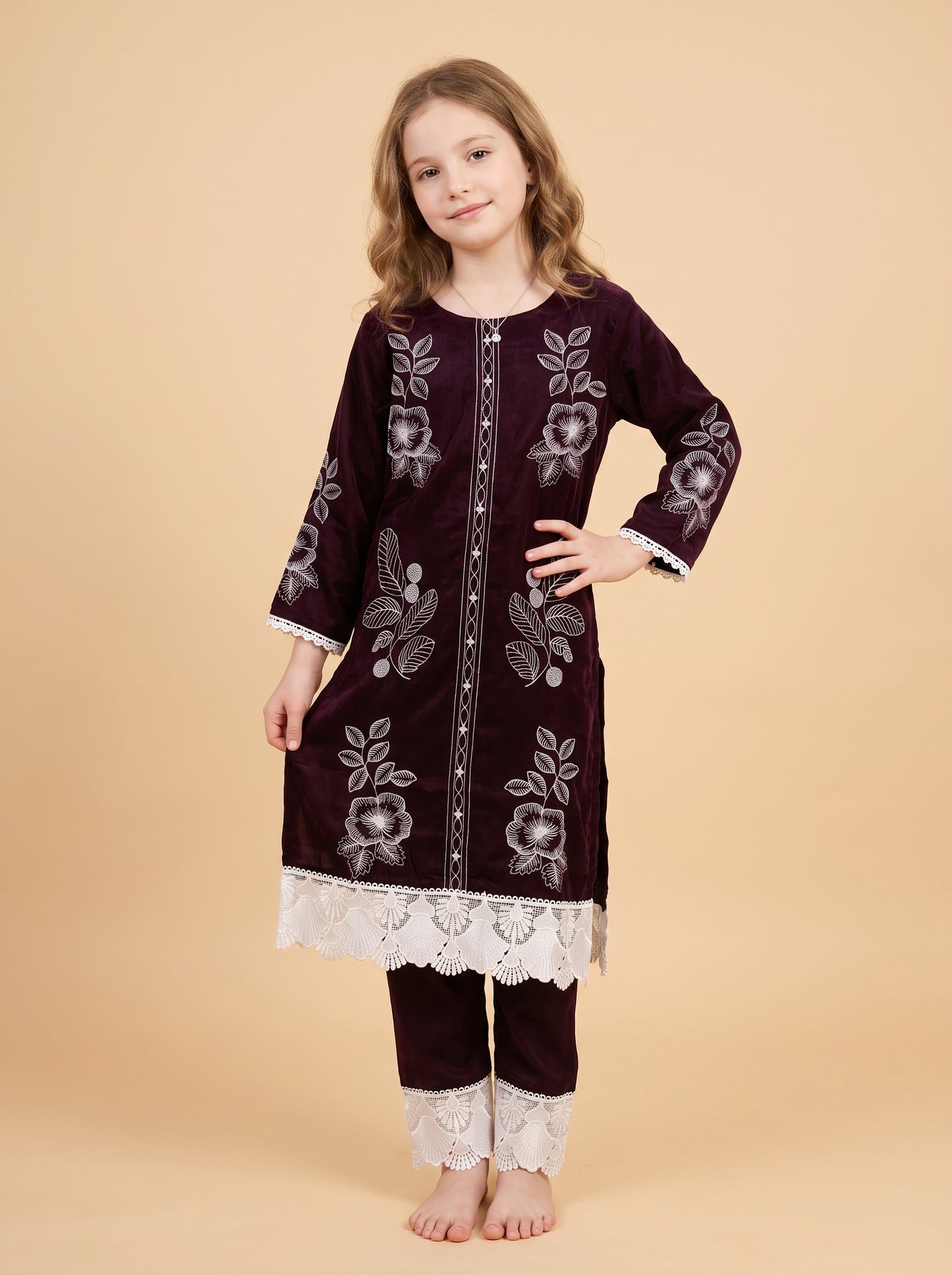 Cotton Embroidery Kurti Set 1628 Wine