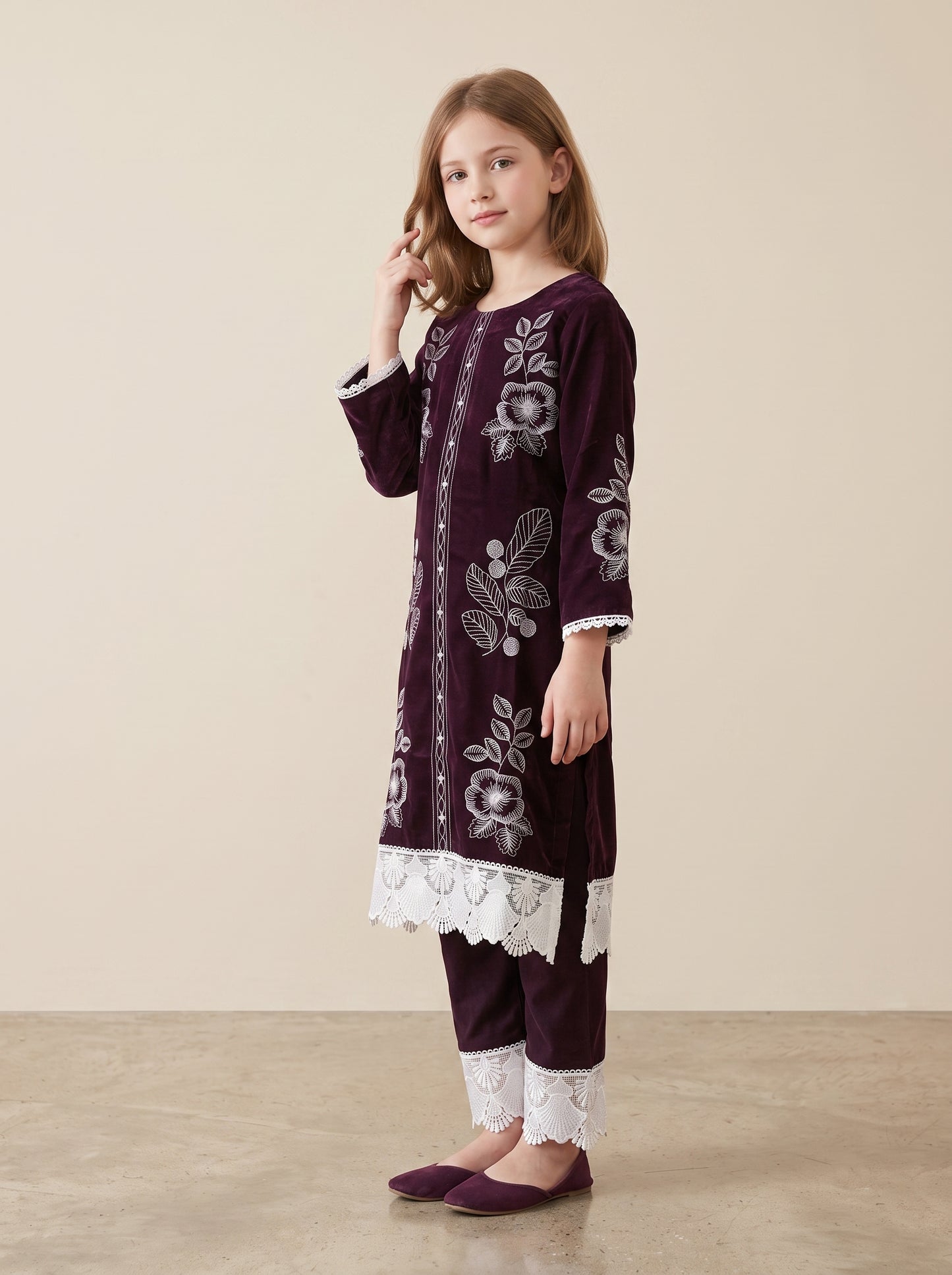 Cotton Embroidery Kurti Set 1628 Wine