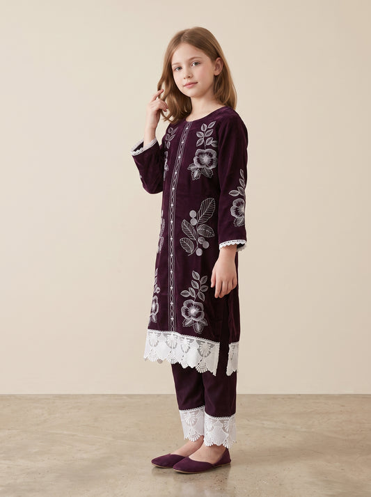 Cotton Embroidery Kurti Set 1628 Wine