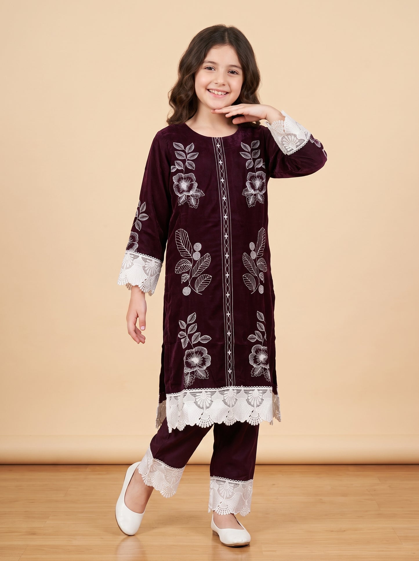 Cotton Embroidery Kurti Set 1628 Wine