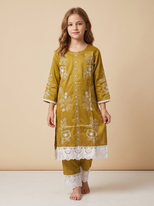 Cotton Embroidery Kurti set 1629 Yellow