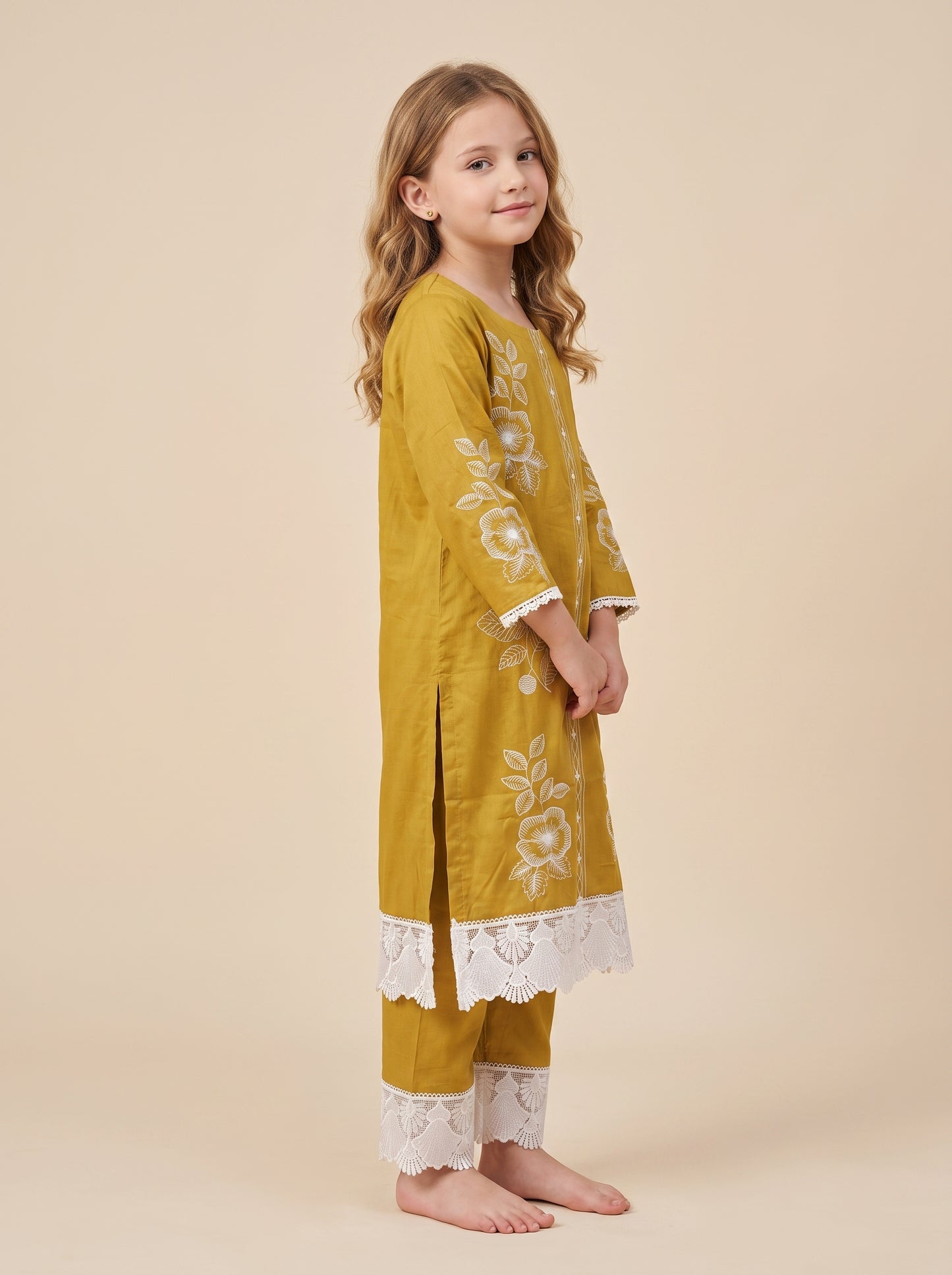 Cotton Embroidery Kurti set 1629 Yellow