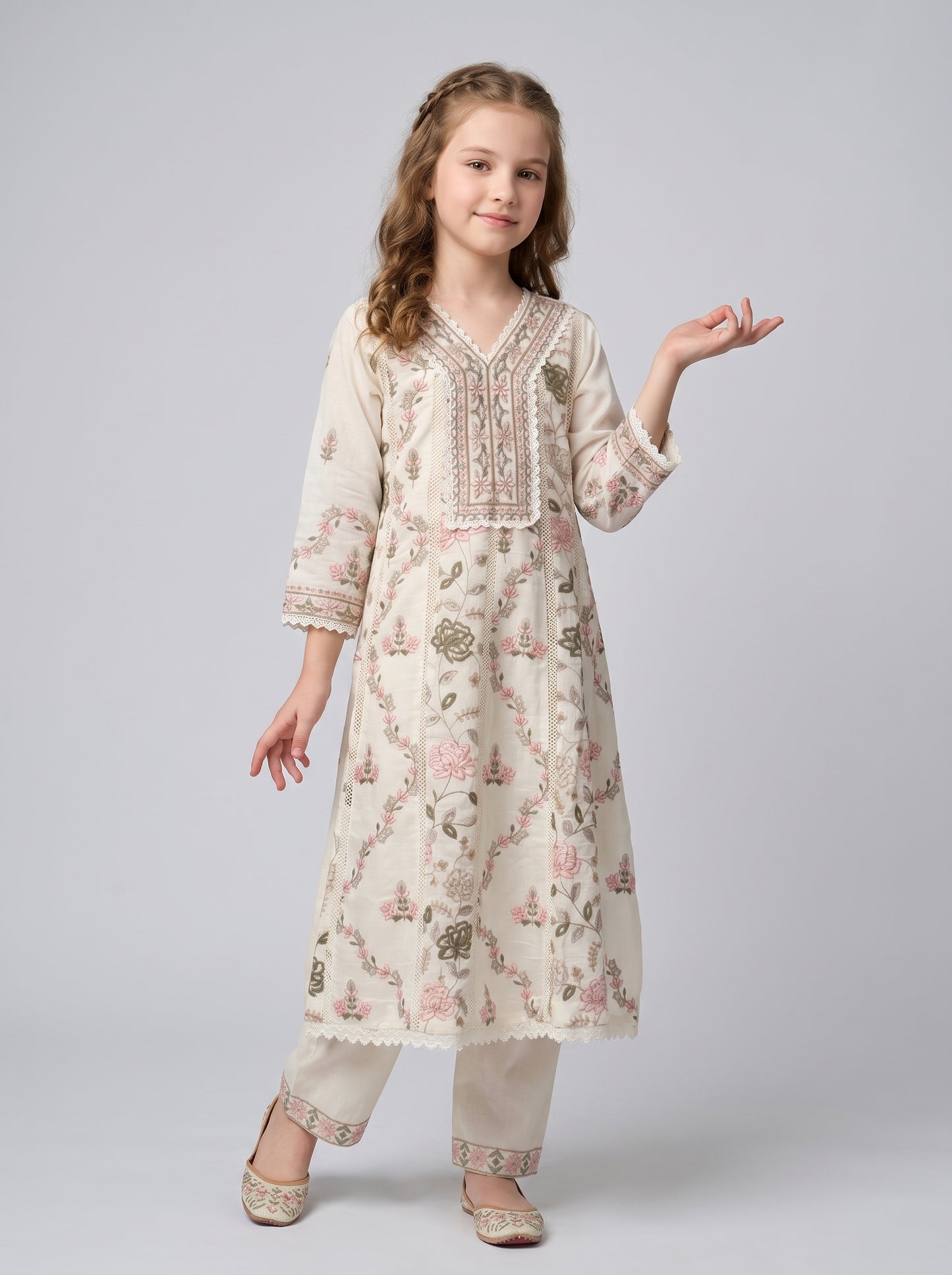 Cotton Embroidery Frock Set 1630 Cream
