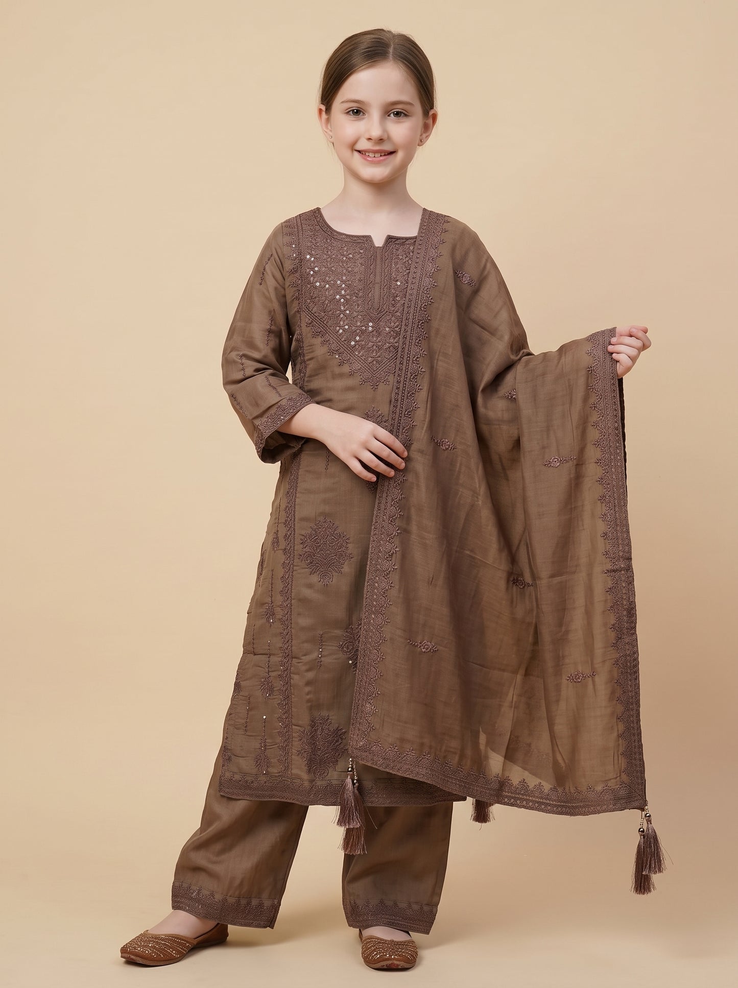 Cotton Embroidery Kurti Set 1631 Brown