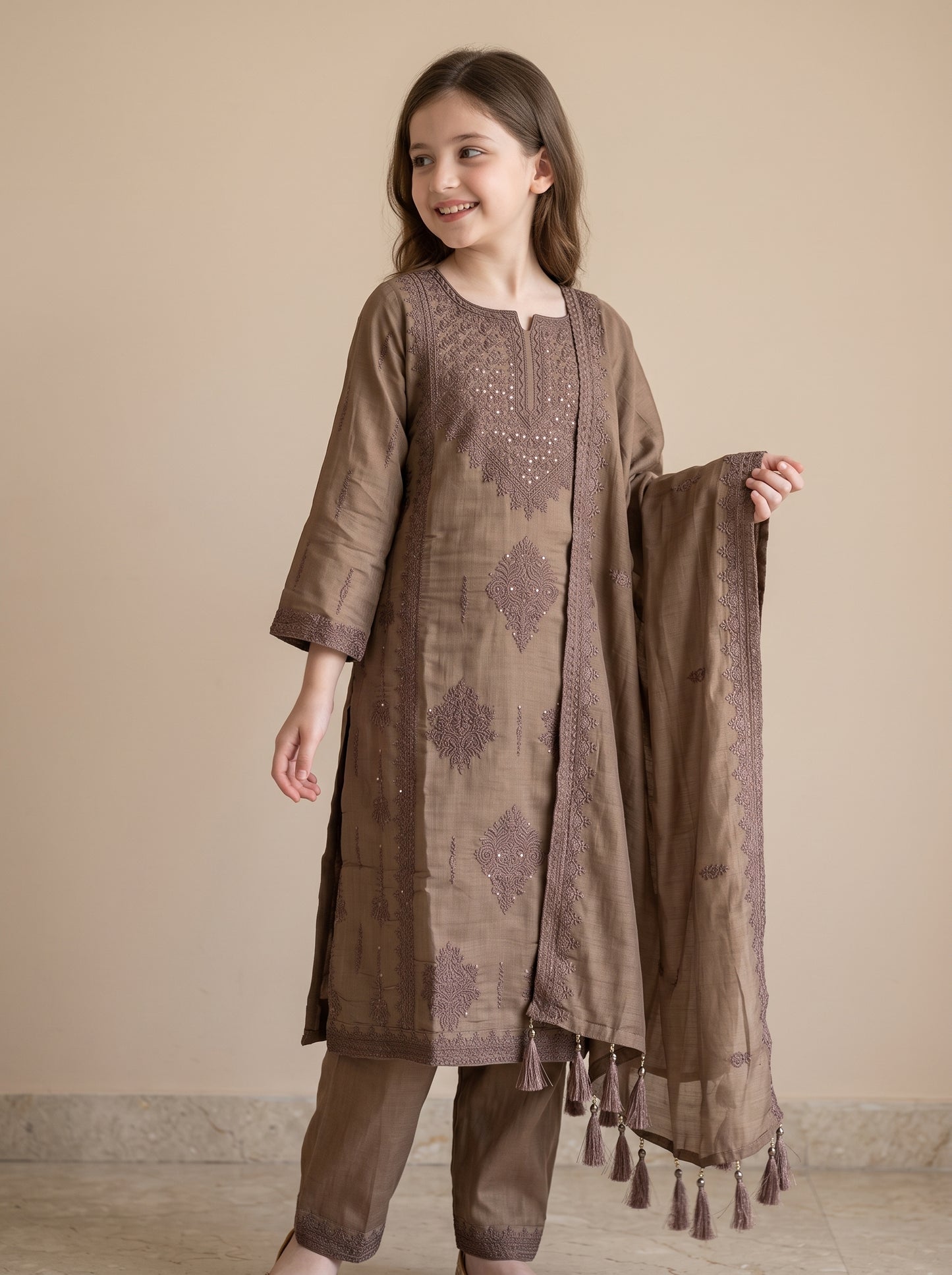 Cotton Embroidery Kurti Set 1631 Brown