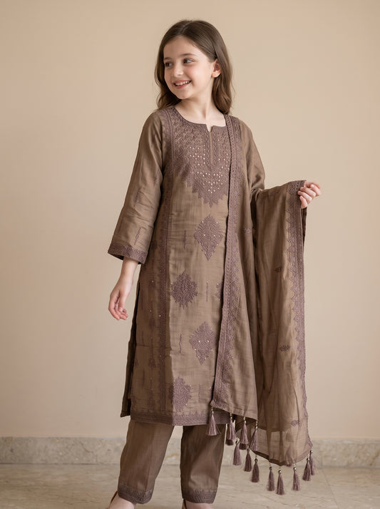 Cotton Embroidery Kurti Set 1631 Brown