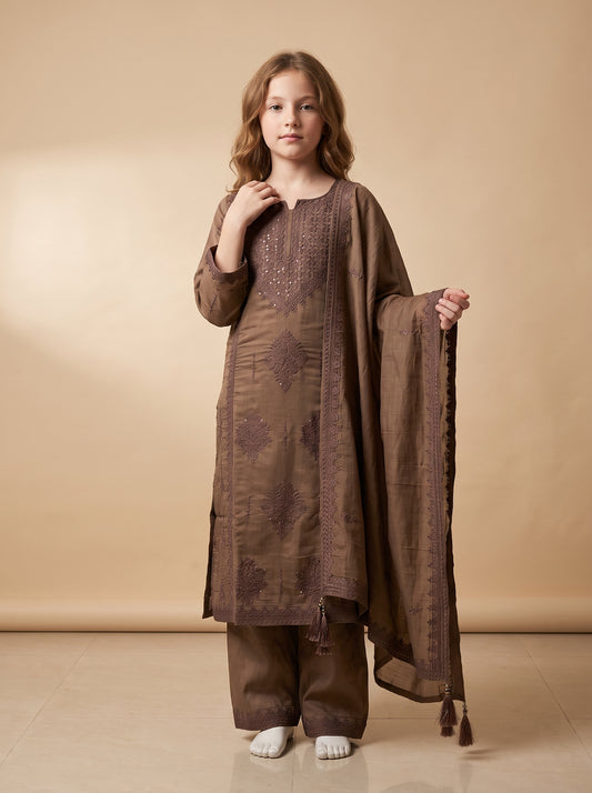 Cotton Embroidery Kurti Set 1631 Brown