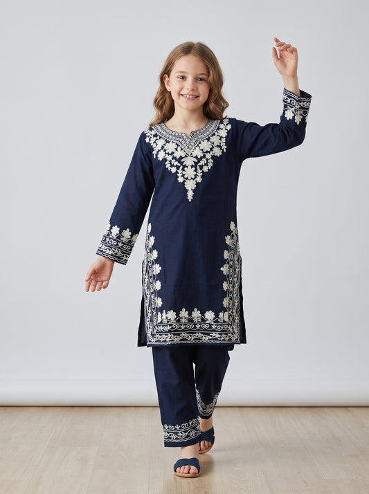 Cotton Embroidery Kurti Set 1633 Blue