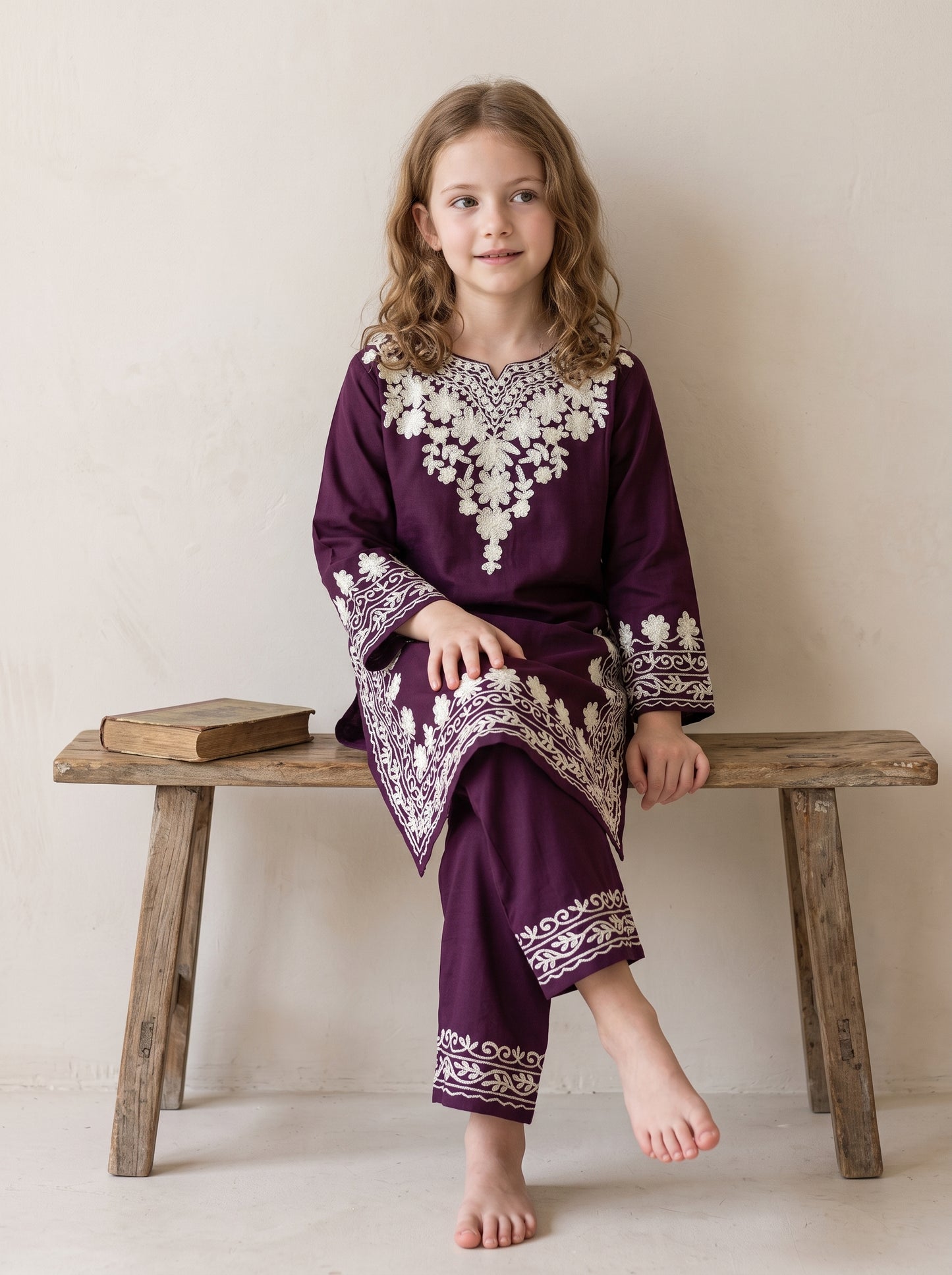 Cotton Embroidery Kurti Set 1634 Wine