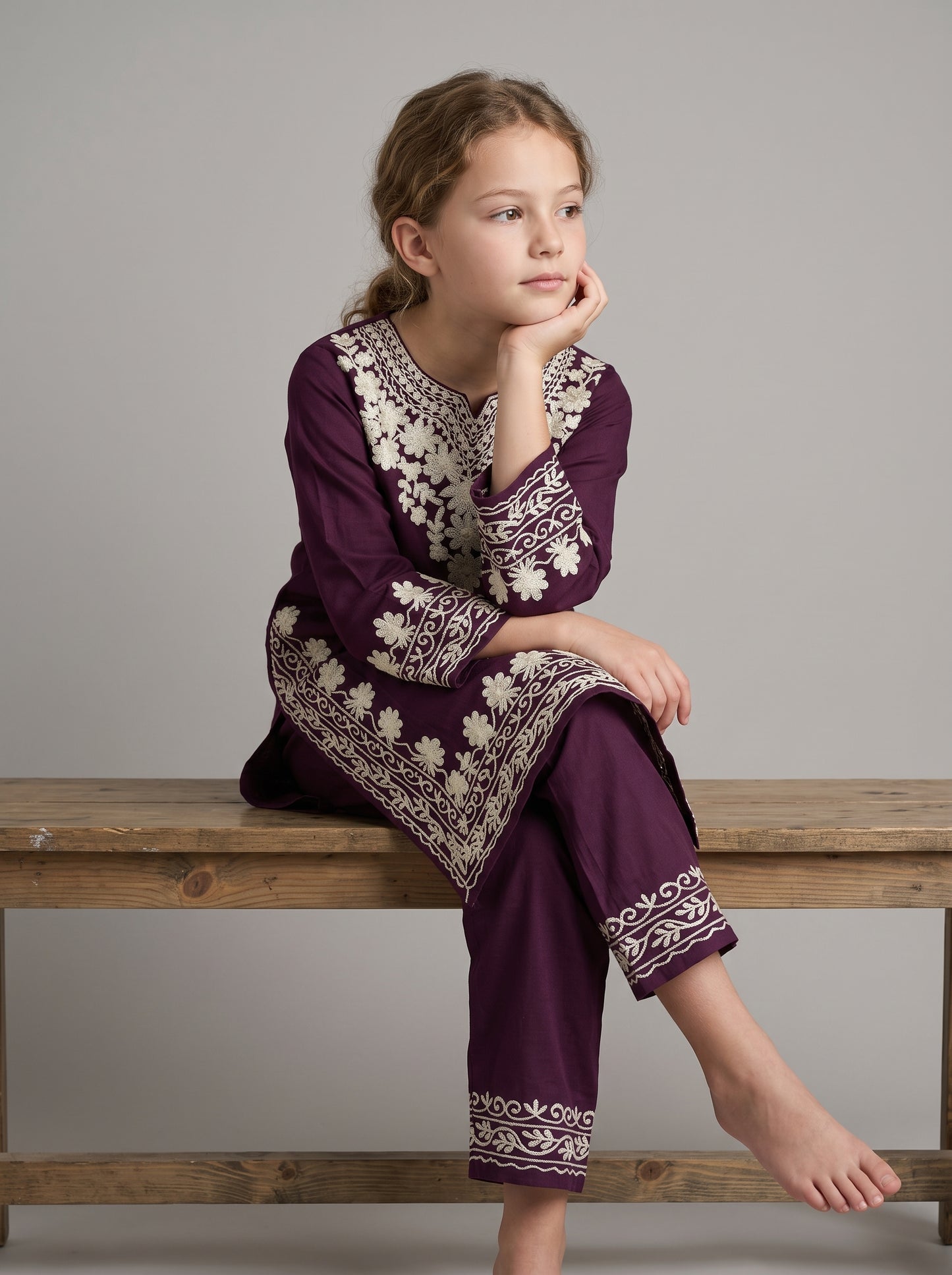Cotton Embroidery Kurti Set 1634 Wine