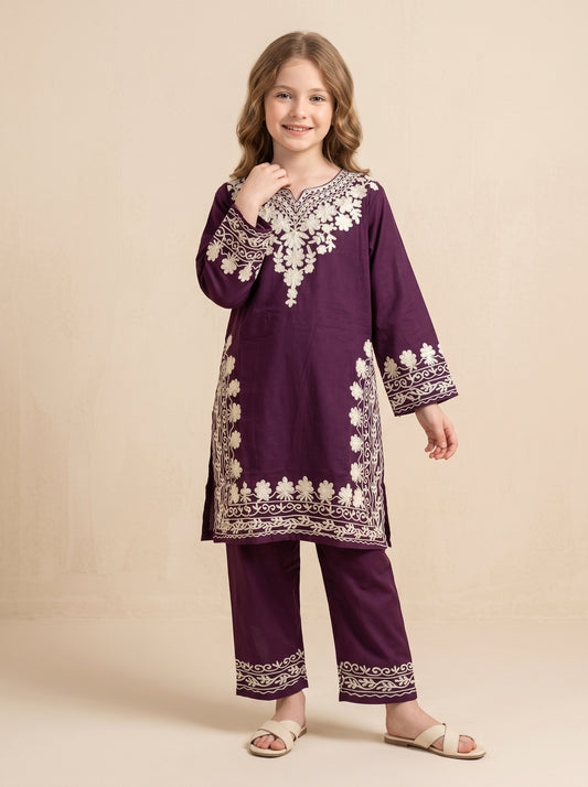 Cotton Embroidery Kurti Set 1634 Wine