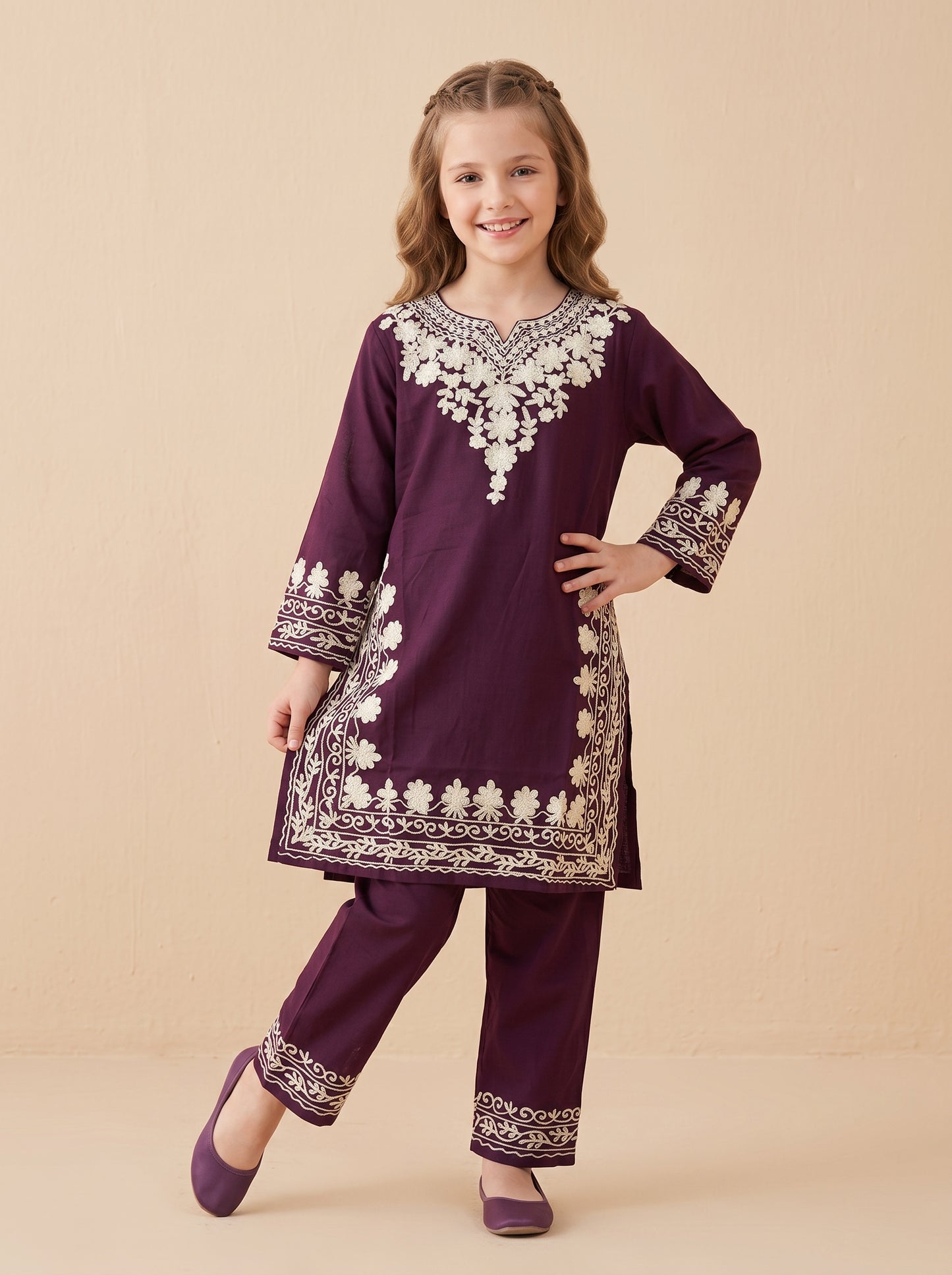Cotton Embroidery Kurti Set 1634 Wine