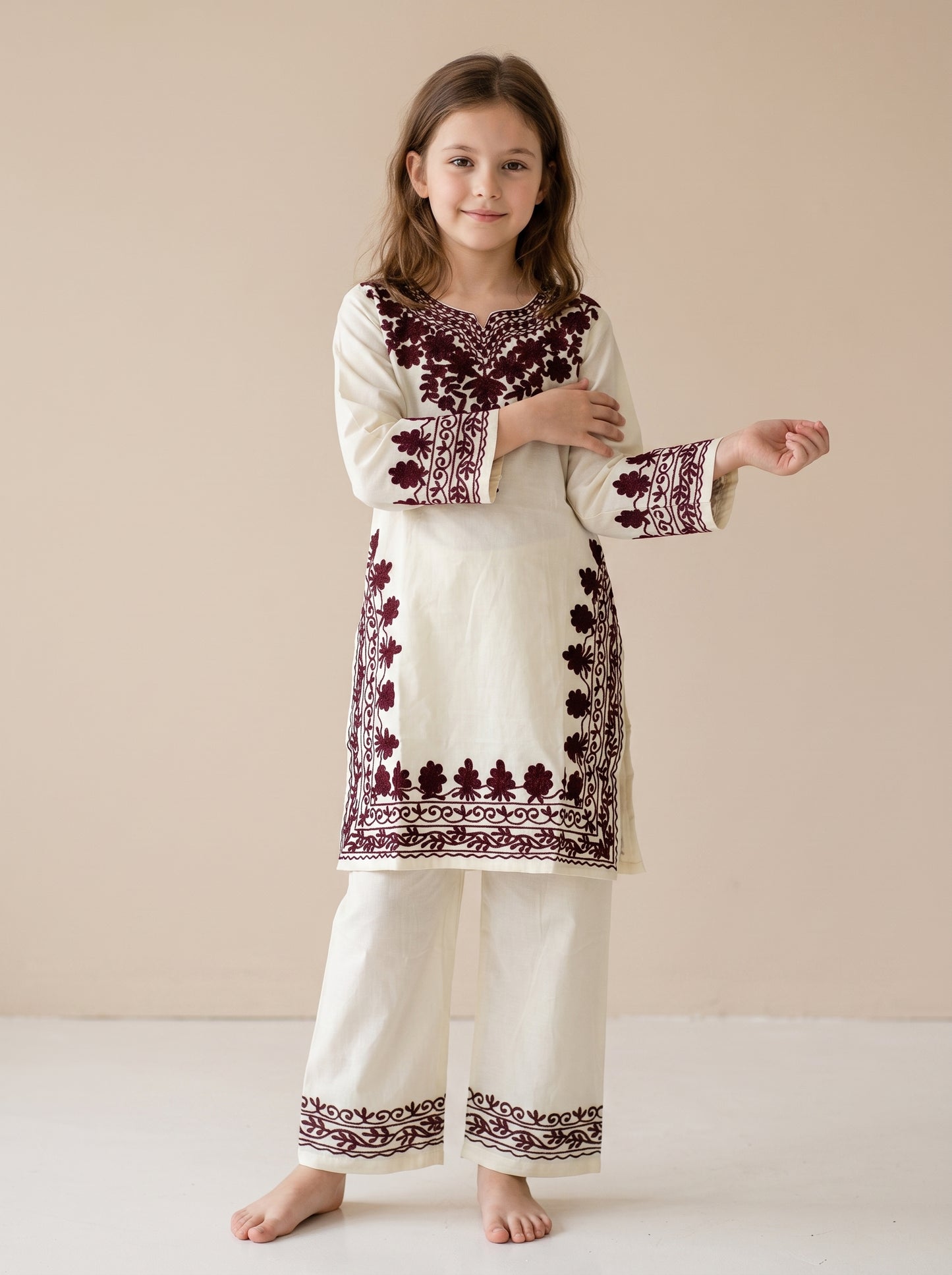 Cotton Embroidery kurti Set 1640 Cream