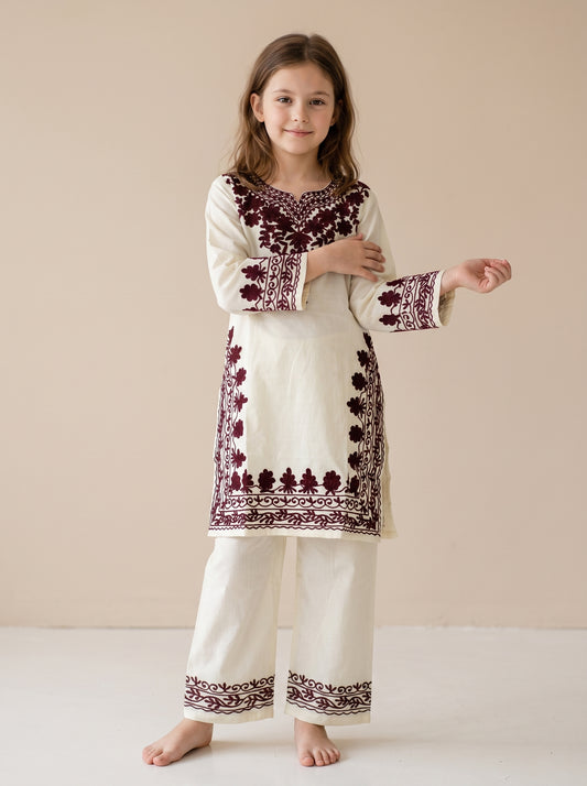 Cotton Embroidery kurti Set 1640 Cream