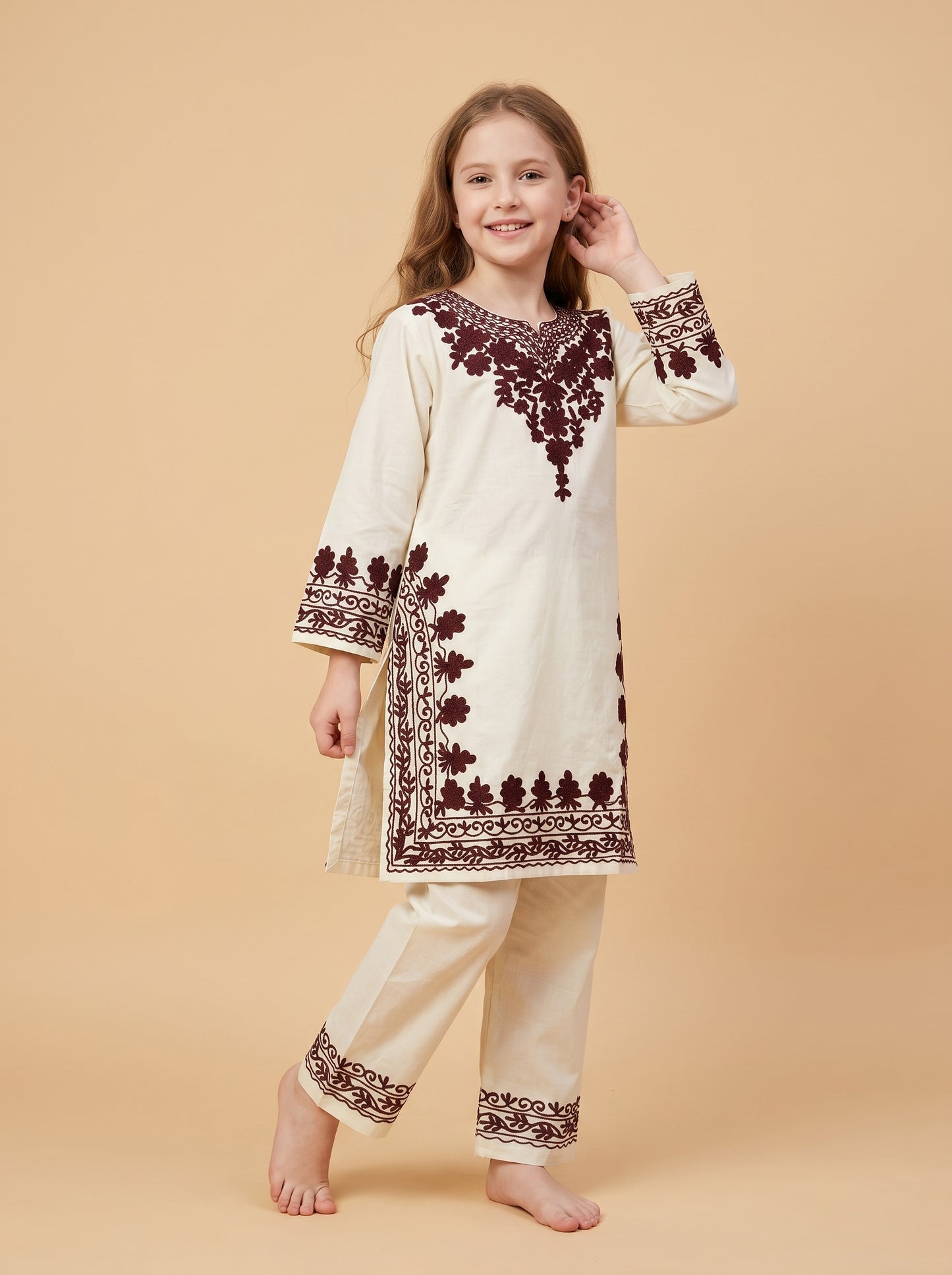 Cotton Embroidery kurti Set 1640 Cream