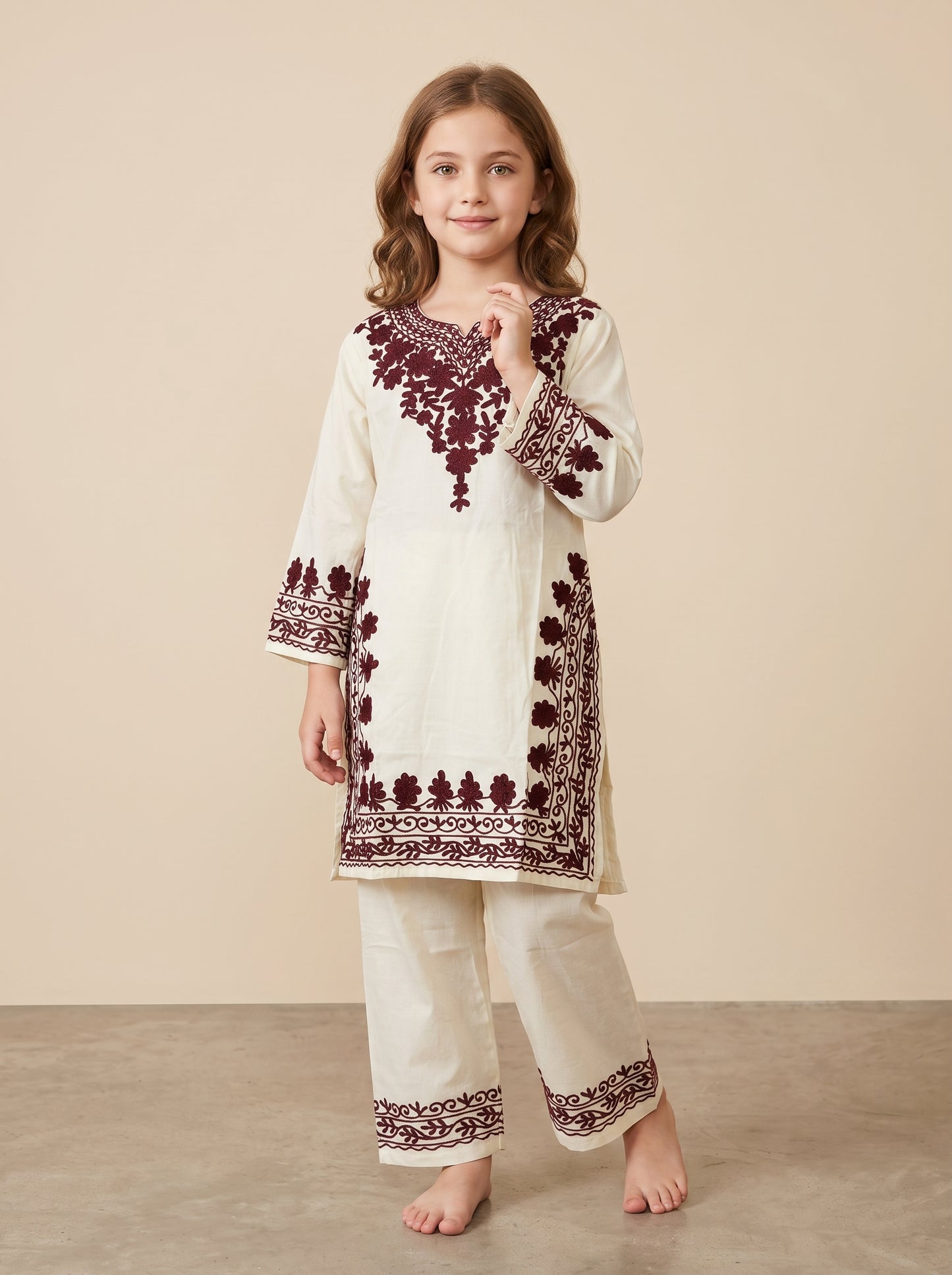 Cotton Embroidery kurti Set 1640 Cream