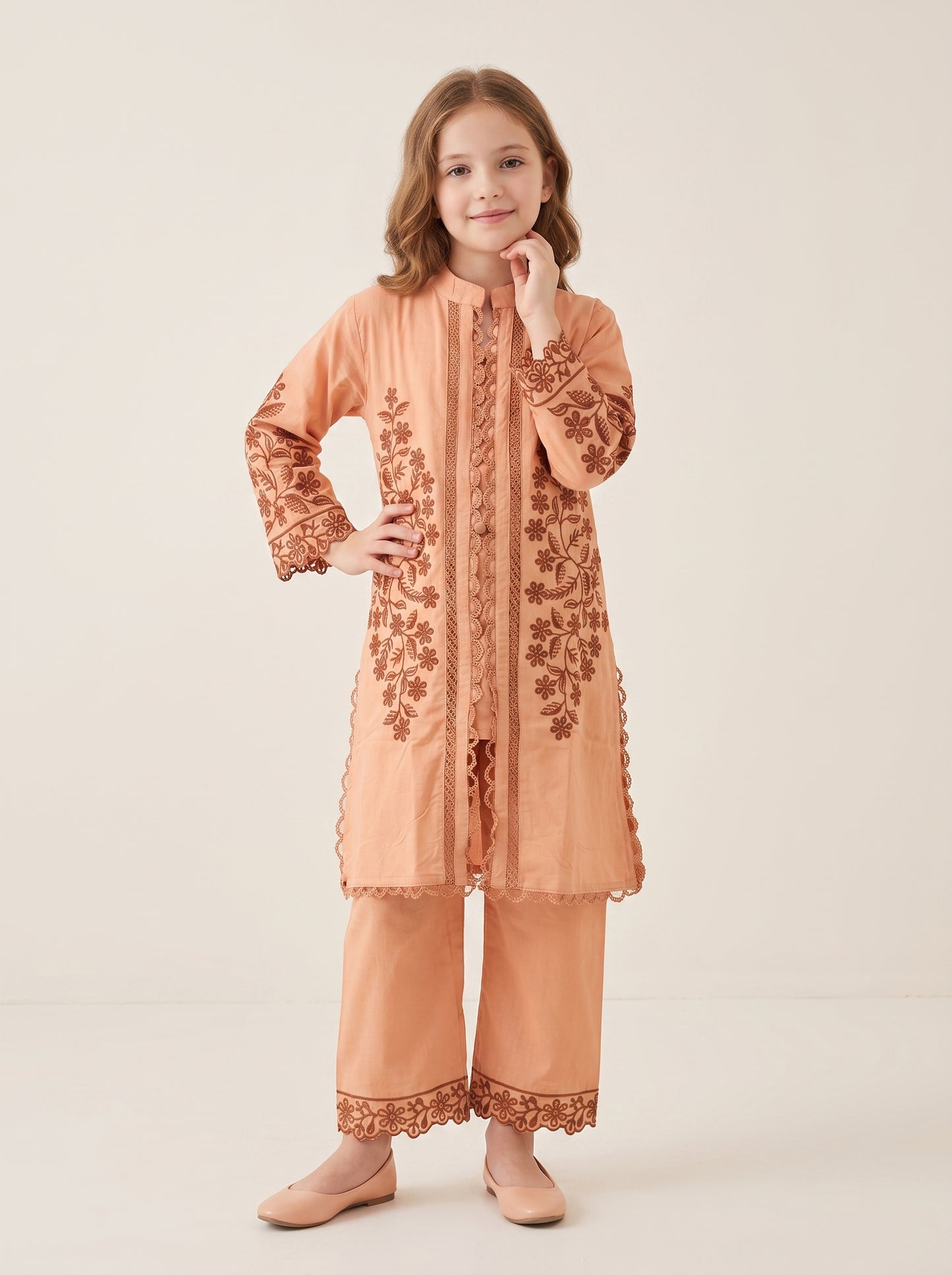 Cotton Embroidery Lace Work Kurti Set 1641 Peach