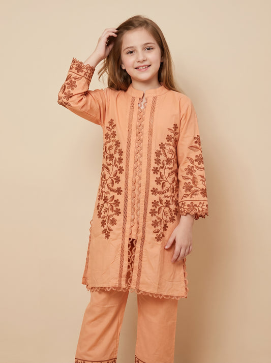 Cotton Embroidery Lace Work Kurti Set 1641 Peach