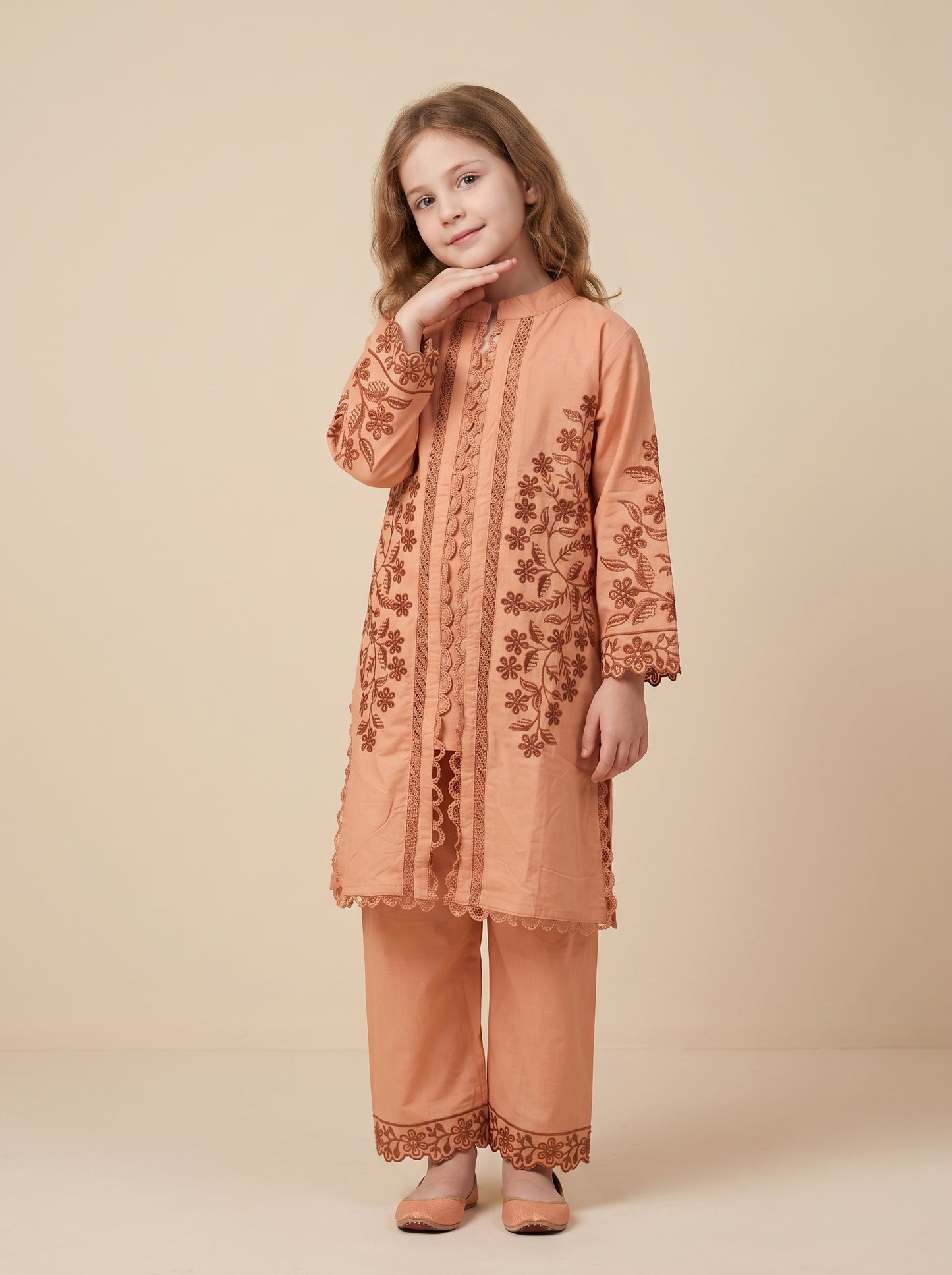 Cotton Embroidery Lace Work Kurti Set 1641 Peach