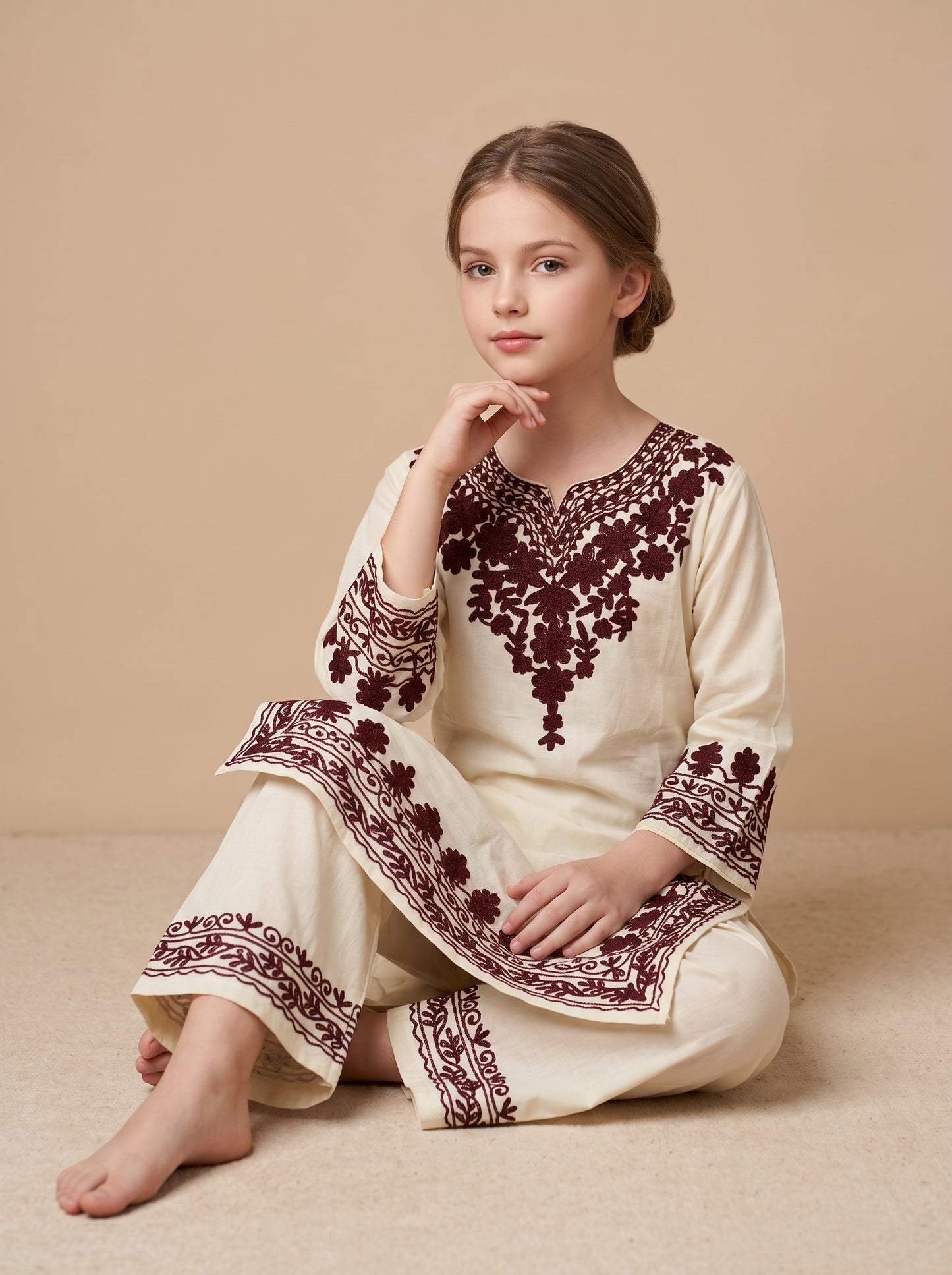 Cotton Embroidery kurti Set 1640 Cream