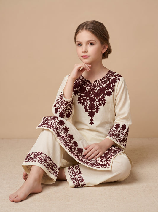 Cotton Embroidery kurti Set 1640 Cream