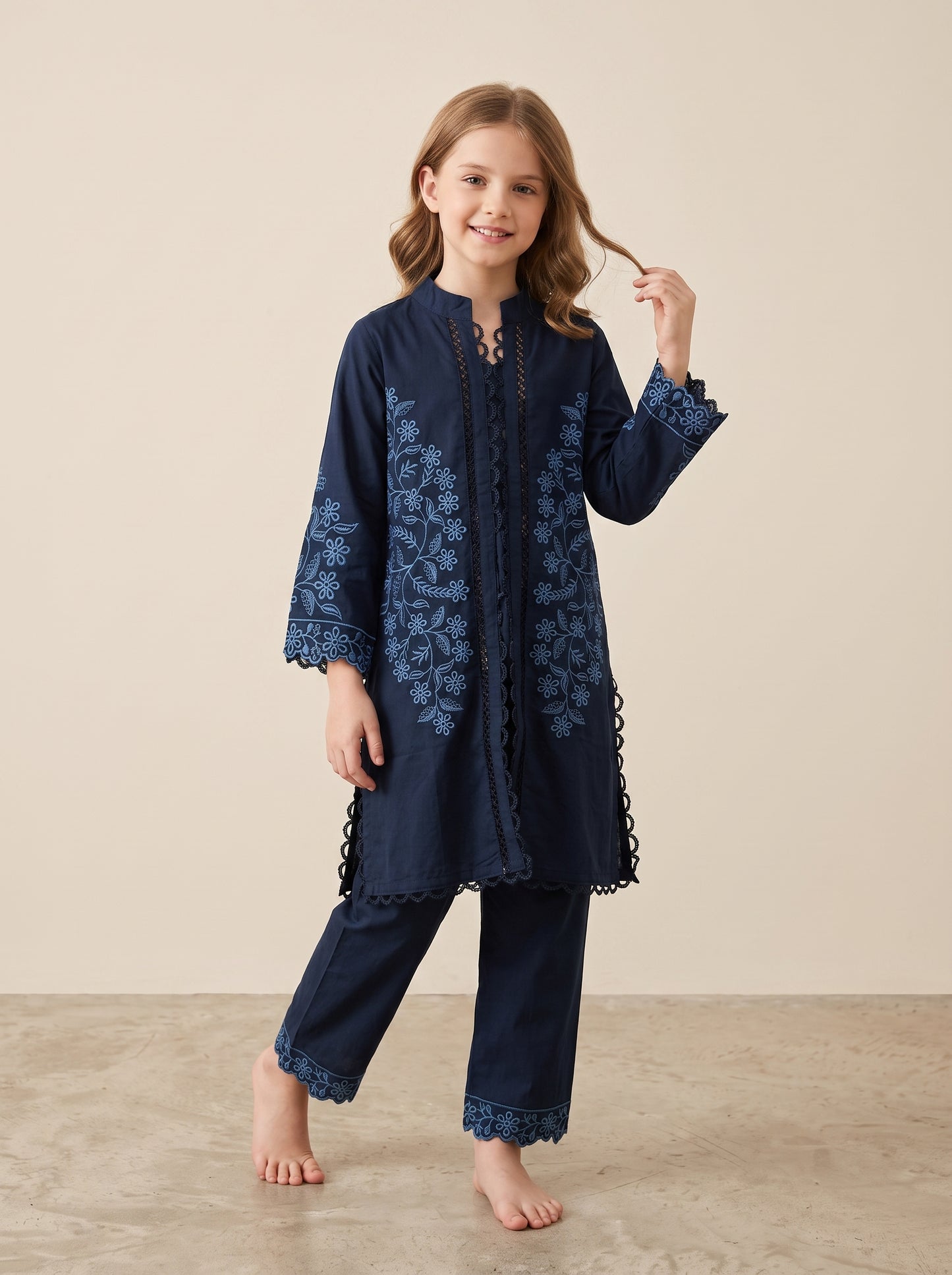 Cotton Embroidery Lace Work Kurti Set 1644 Blue