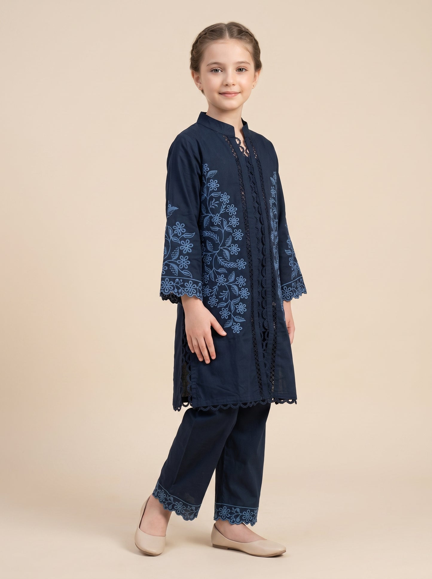 Cotton Embroidery Lace Work Kurti Set 1644 Blue