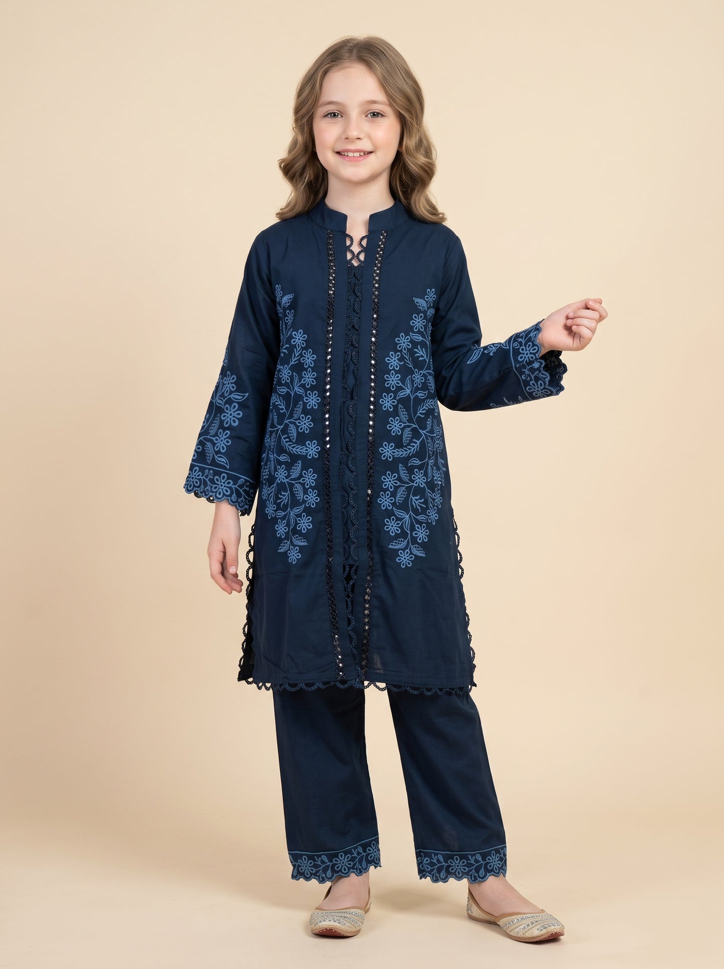 Cotton Embroidery Lace Work Kurti Set 1644 Blue