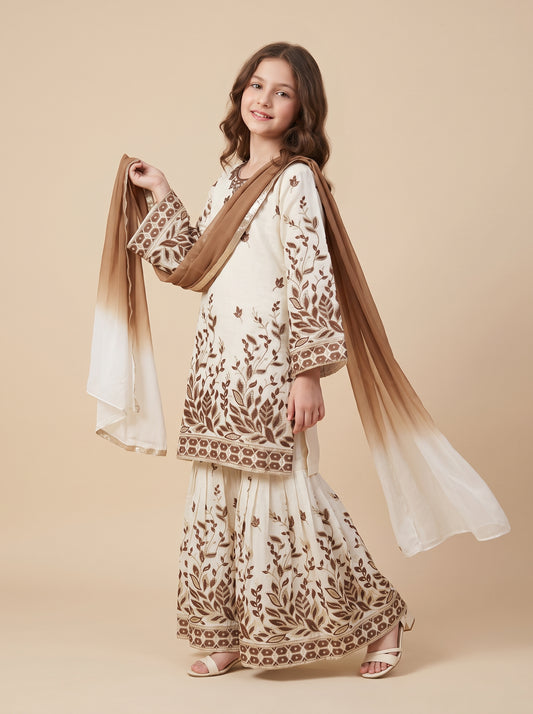 Cotton Embroidery Sequence Gharara Set 1648 Cream