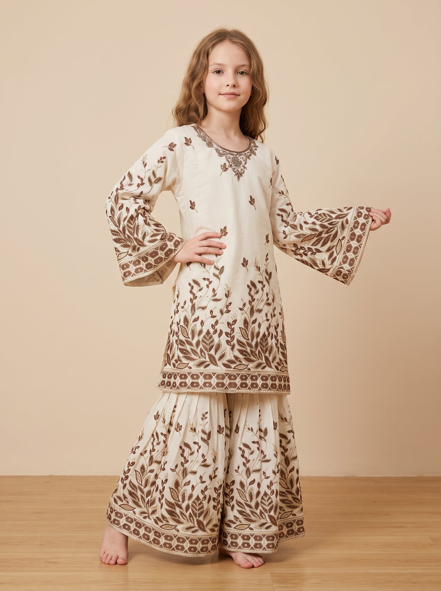 Cotton Embroidery Sequence Gharara Set 1648 Cream