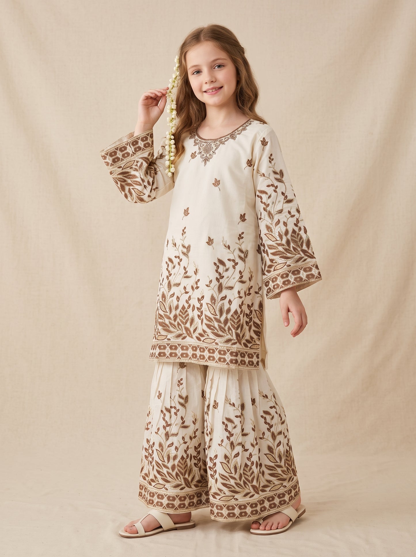 Cotton Embroidery Sequence Gharara Set 1648 Cream