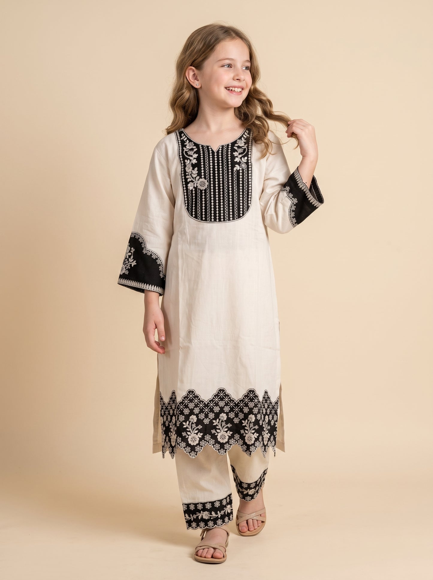 Cotton Embroidery Kurti Set 1651 Cream