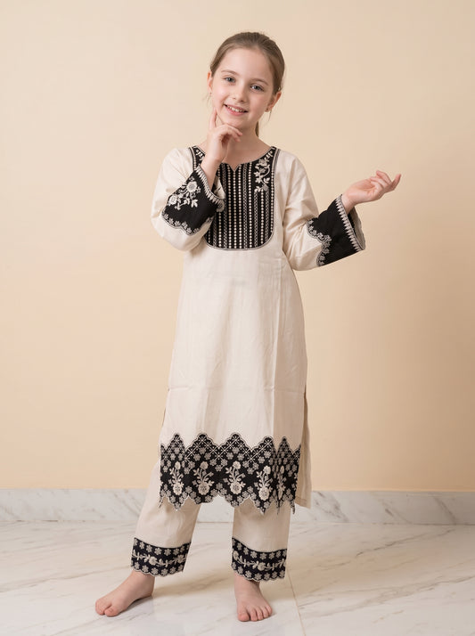 Cotton Embroidery Kurti Set 1651 Cream