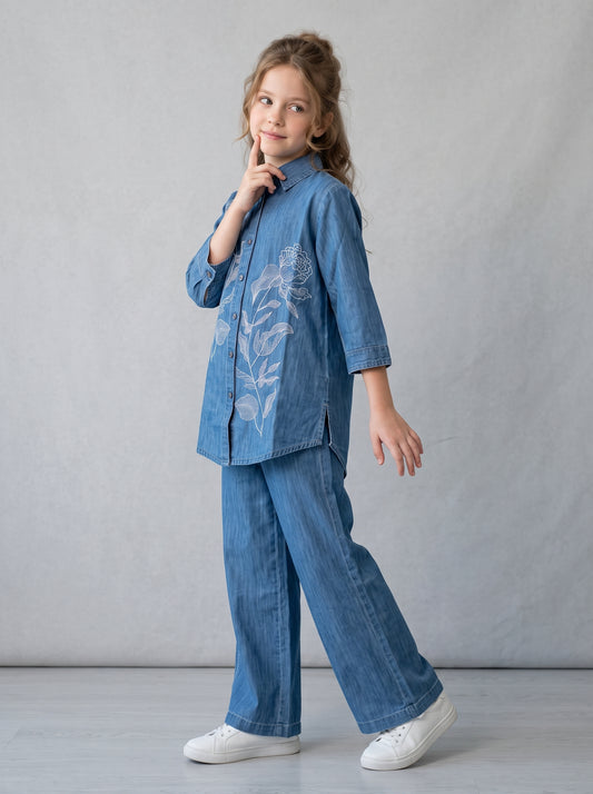 Cotton Embroidery Denim Cord Set 1653 Light Blue