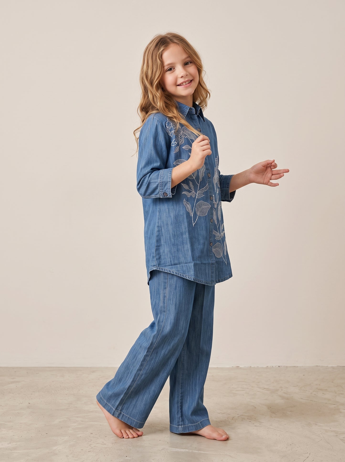 Cotton Embroidery Denim Cord Set 1653 Light Blue