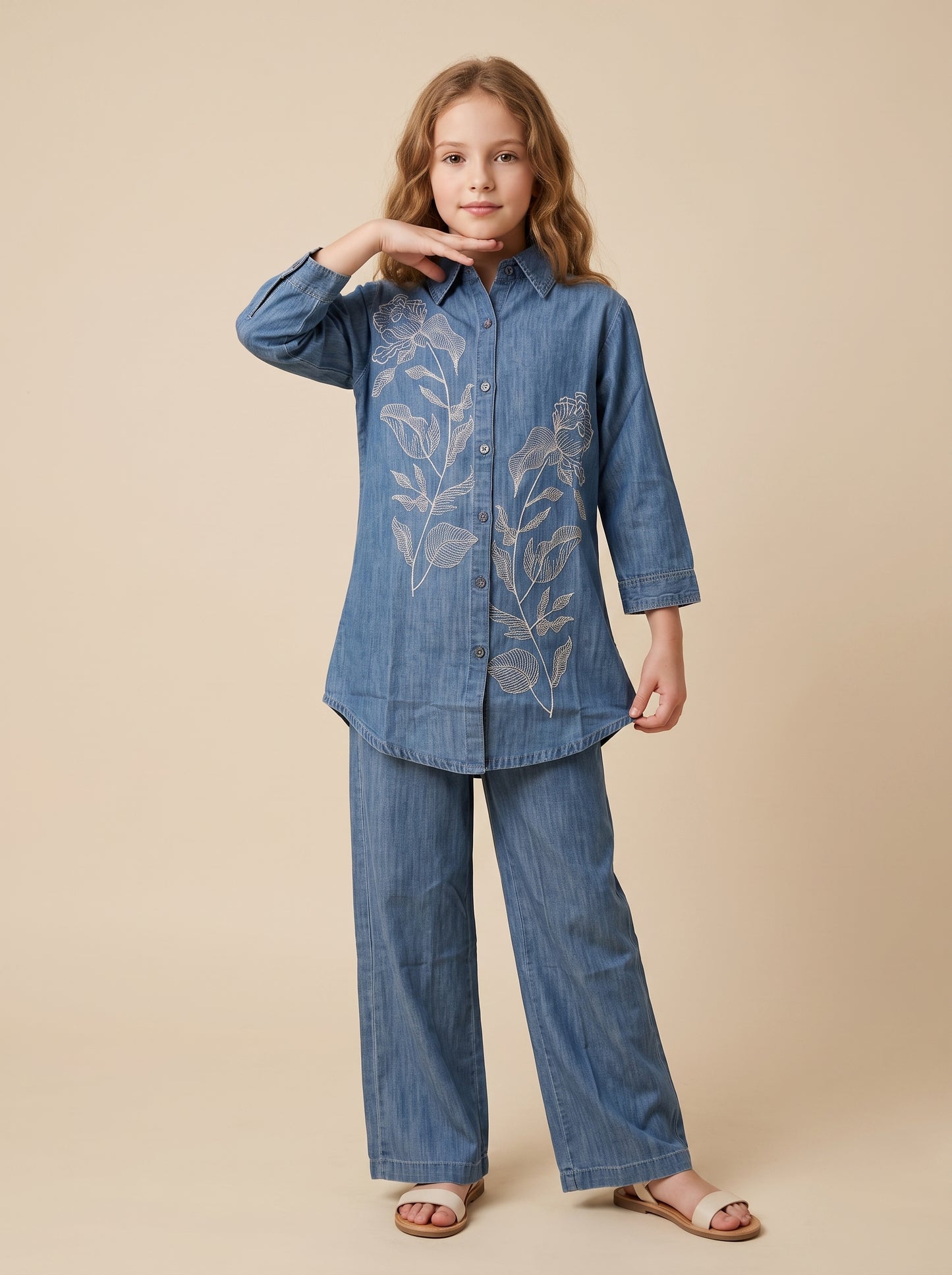 Cotton Embroidery Denim Cord Set 1653 Light Blue