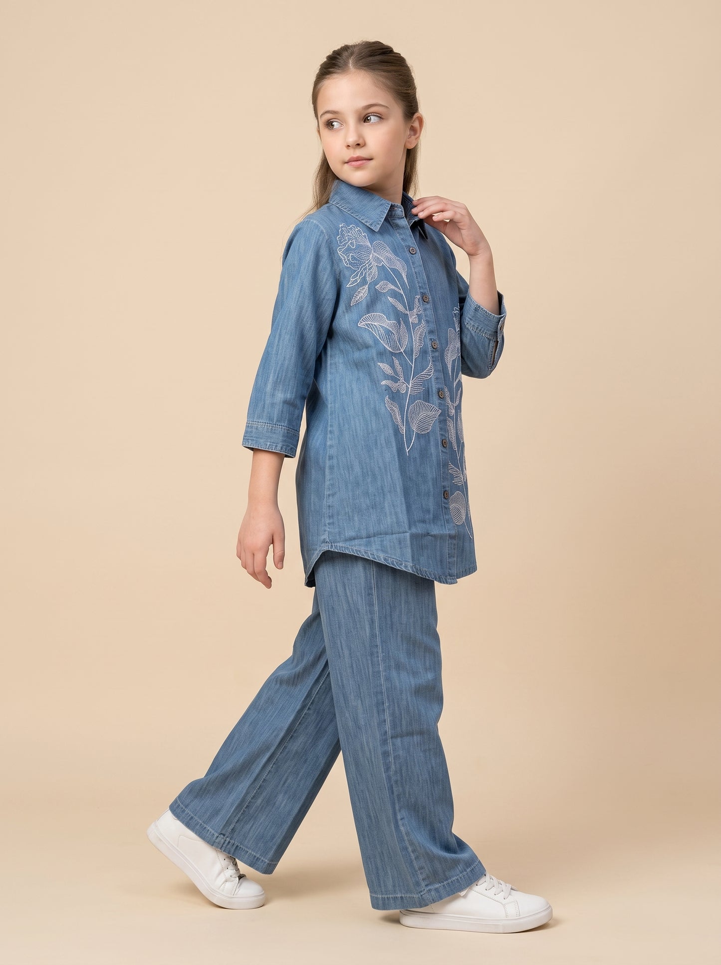 Cotton Embroidery Denim Cord Set 1653 Light Blue