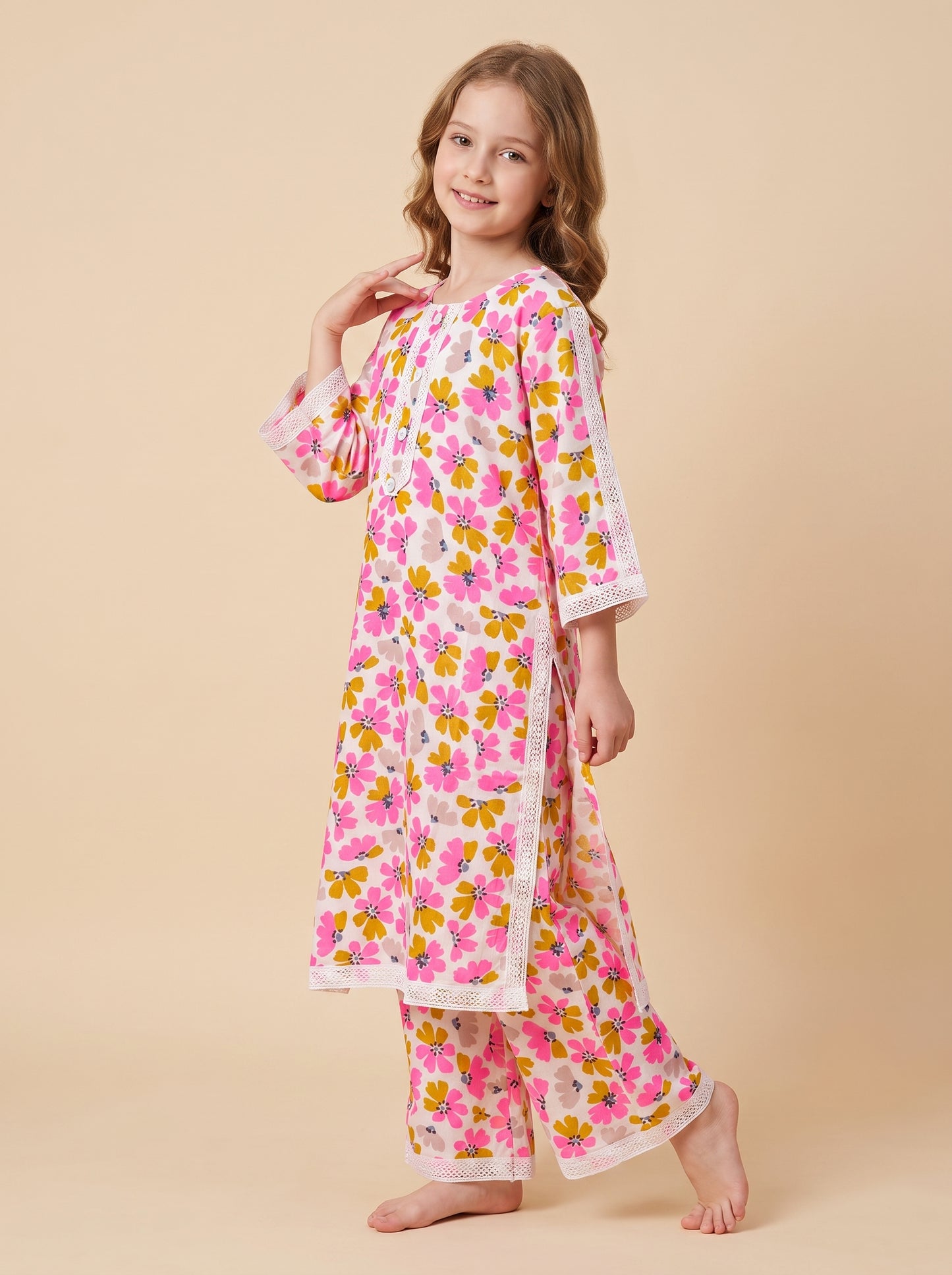 Cotton Printed Lace Work Kurti Set 1654 Pink