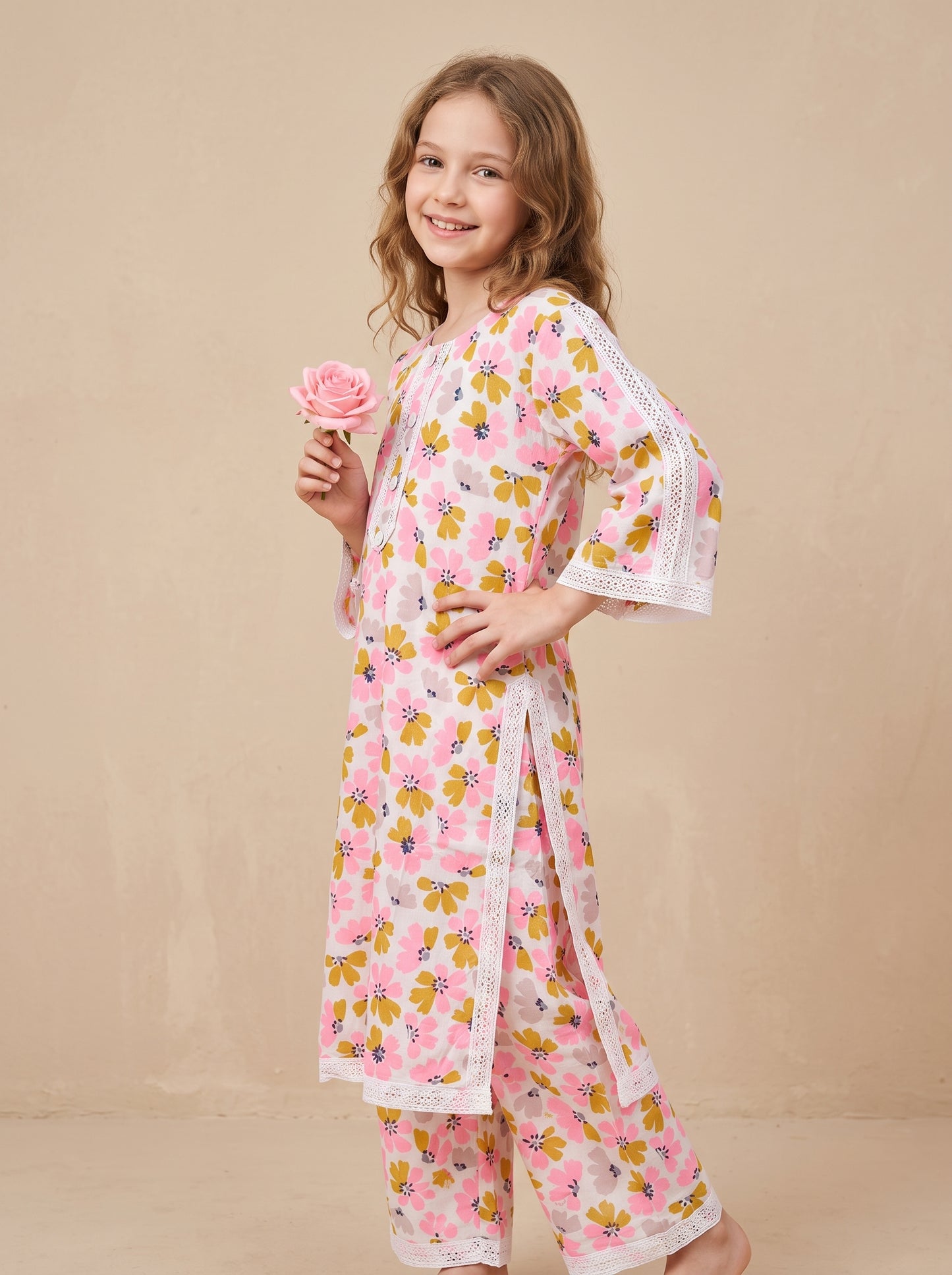 Cotton Printed Lace Work Kurti Set 1654 Pink